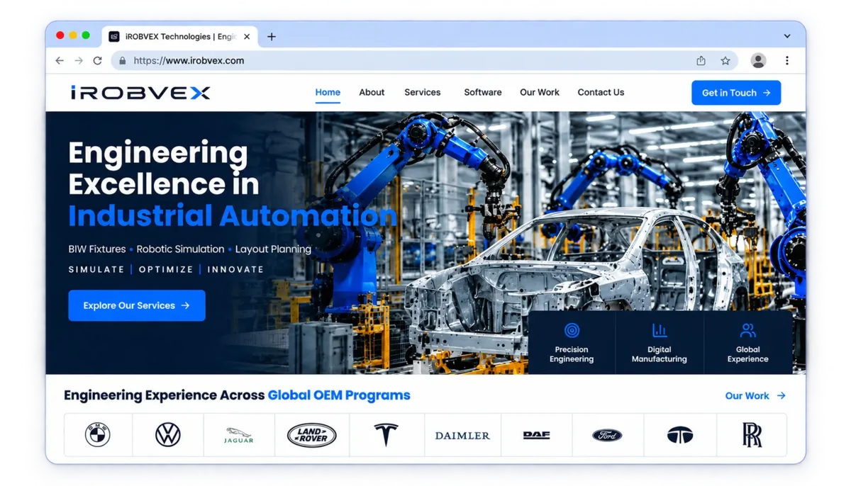 iROBVEX Technologies homepage presenting industrial automation engineering services
