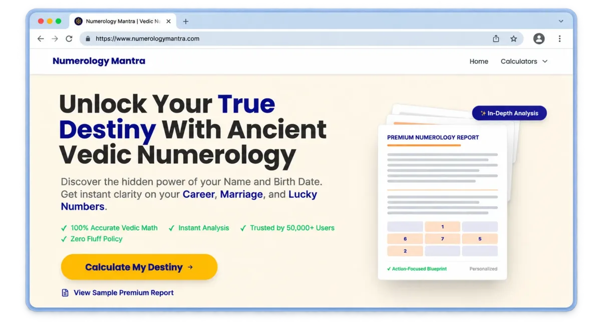 Numerology Mantra homepage with Vedic numerology calculator call to action
