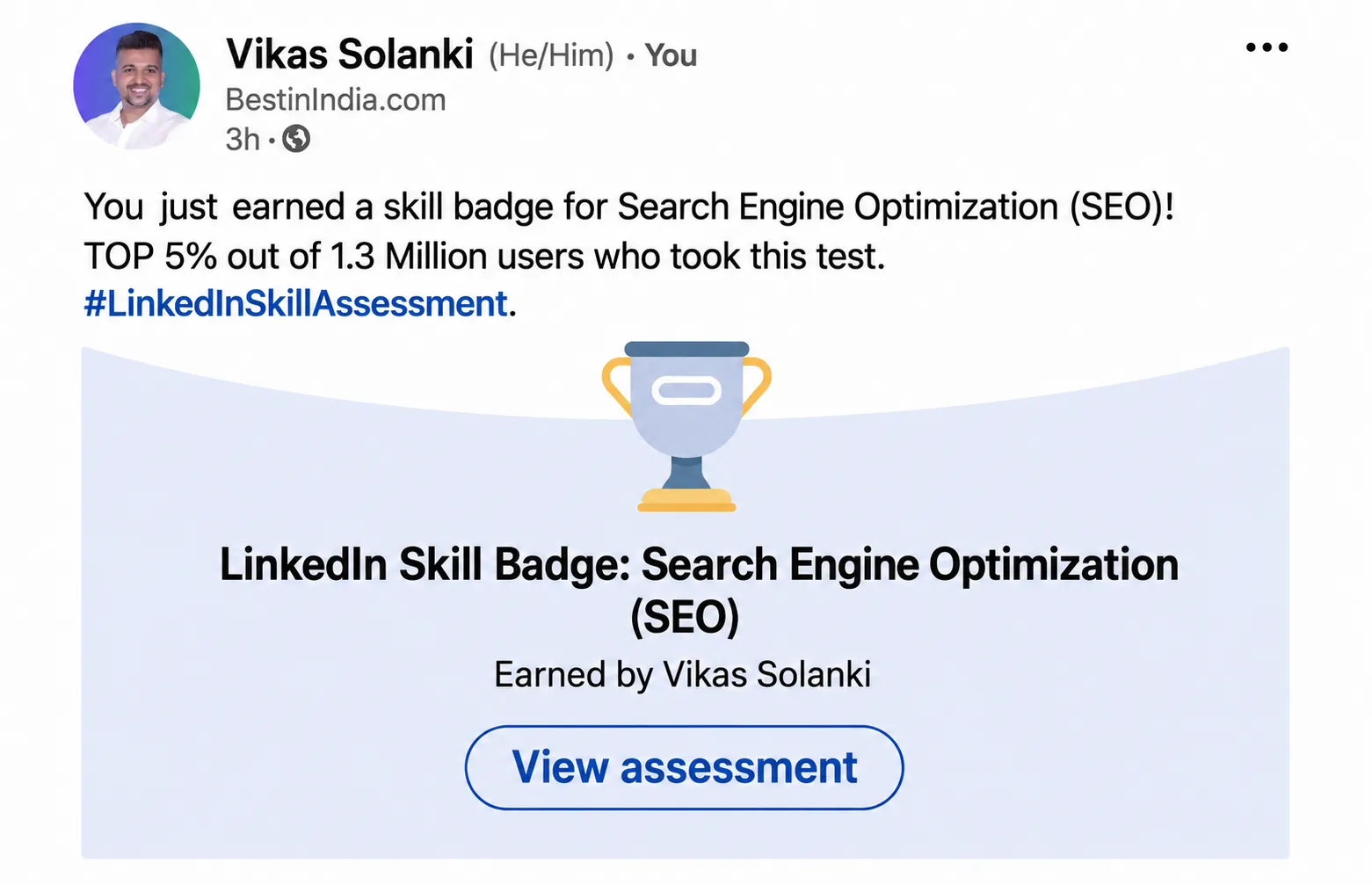 LinkedIn Search Engine Optimization skill assessment earned by Vikas Solanke